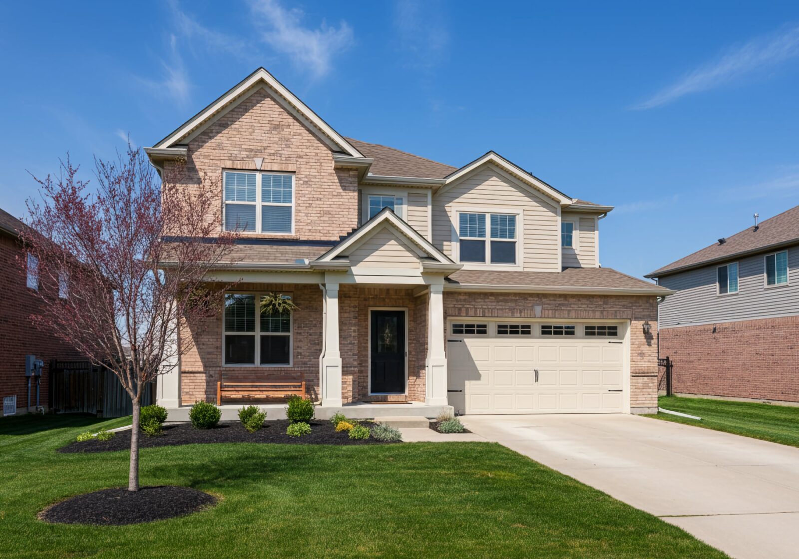 A 2010's two story brick home with two car attached garage in Brighton Michigan