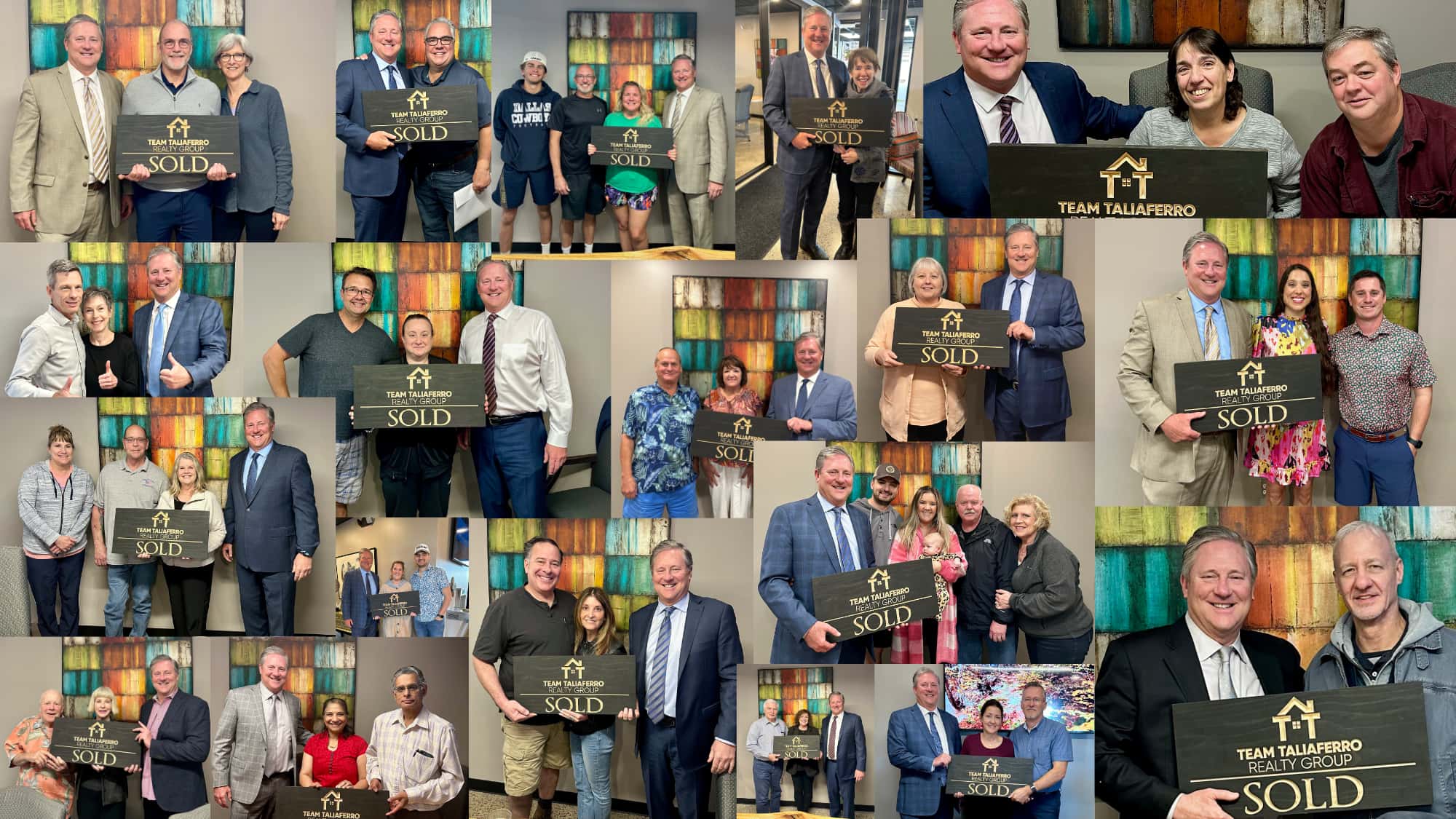 photo collage of Todd Taliaferro with numerous clients holding sold signs