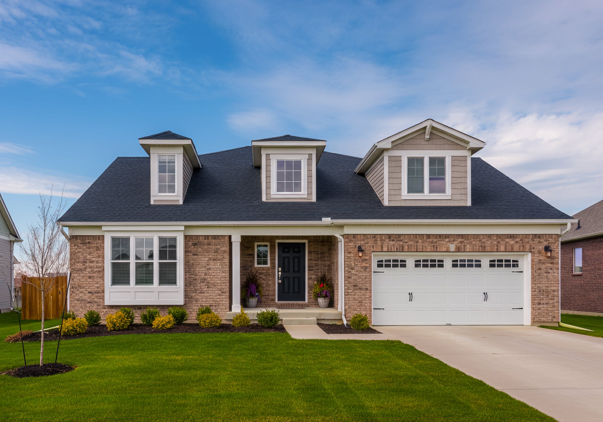 A 2020's brick modern bungalow home with two car attached garage in Lyon Township Michigan