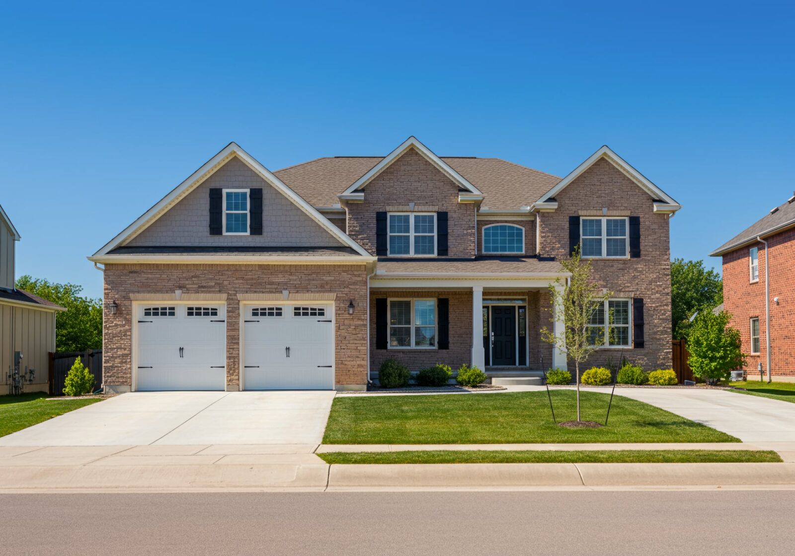 A 2000's brick two story home with attached two car garage in Northville Michigan